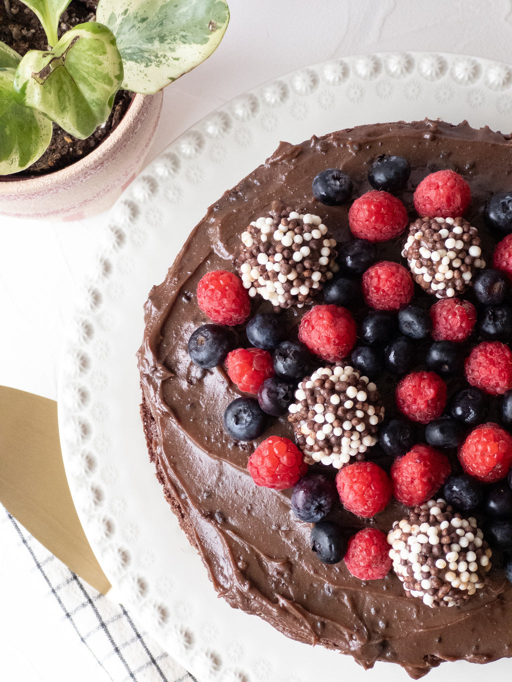 Double Chocolate Cake with Brigadeiro Topping & Fresh Raspberries