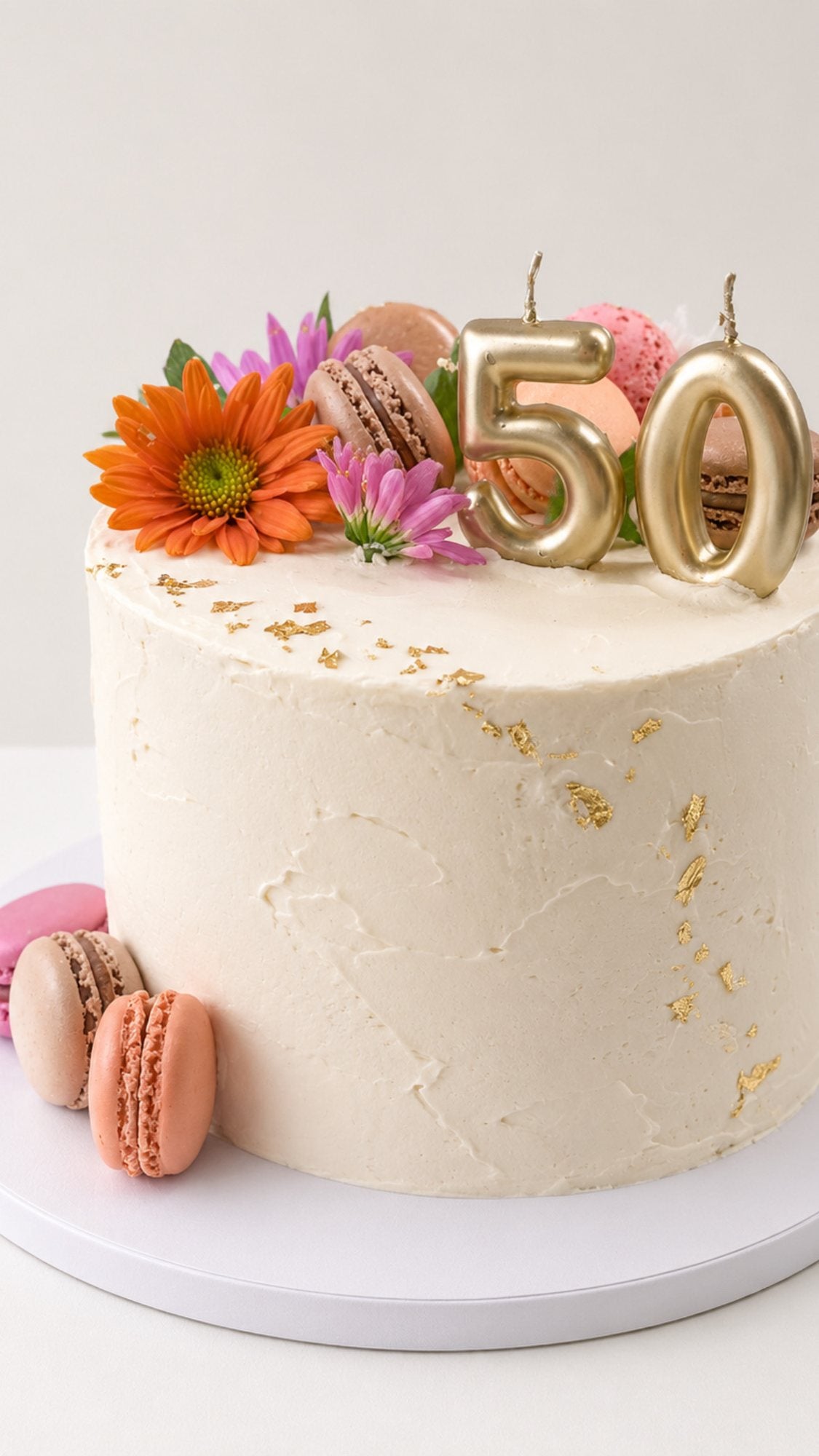 Ivory 50th birthday cake with fresh flowers, macarons and a gold 50 candle