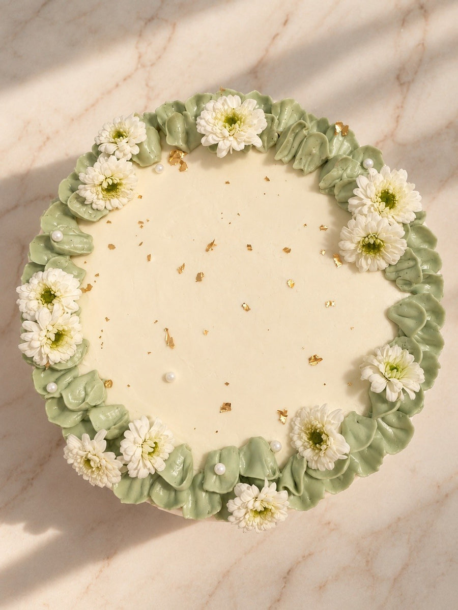 Top view of a sage daisy cake
