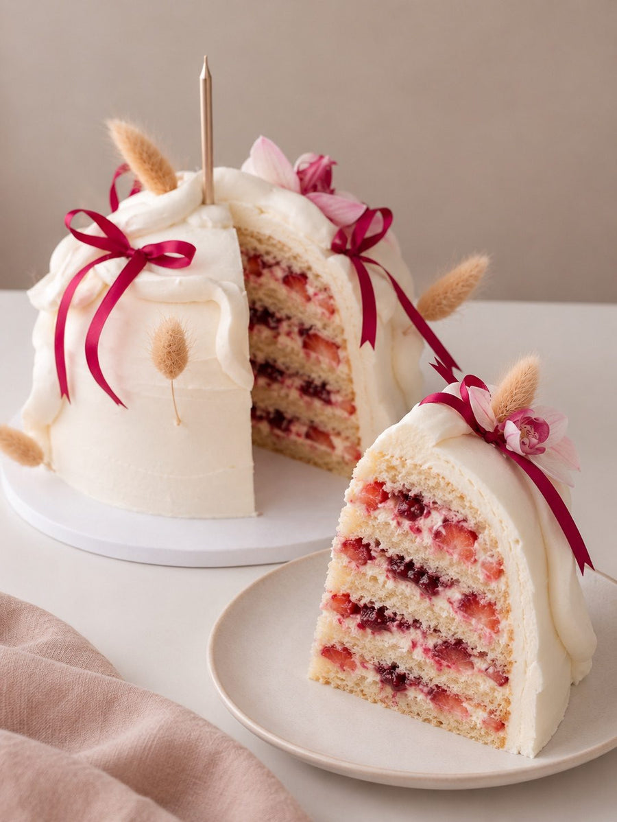 White cake with burgundy bows, cut to show the layers