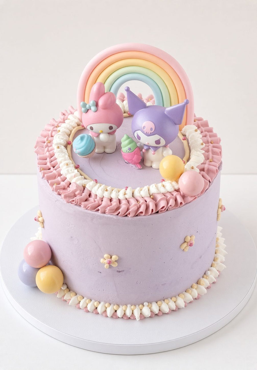 Lilac cake with a fondant rainbow and two characters