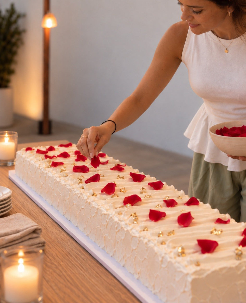Scattering rose petals on a long rectangular cake by candlelight