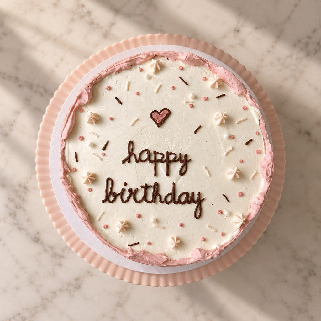Top view of the mini pink cake with piped happy birthday script