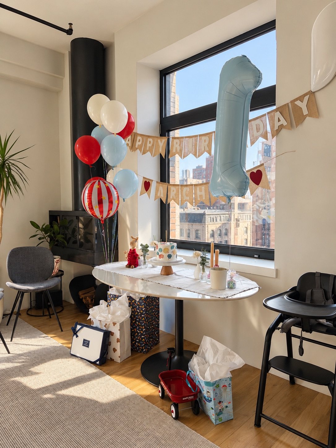 First birthday party room with balloons, bunting and a high chair