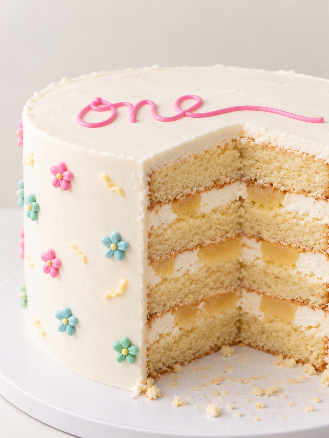 The same one cake cut open, showing four layers